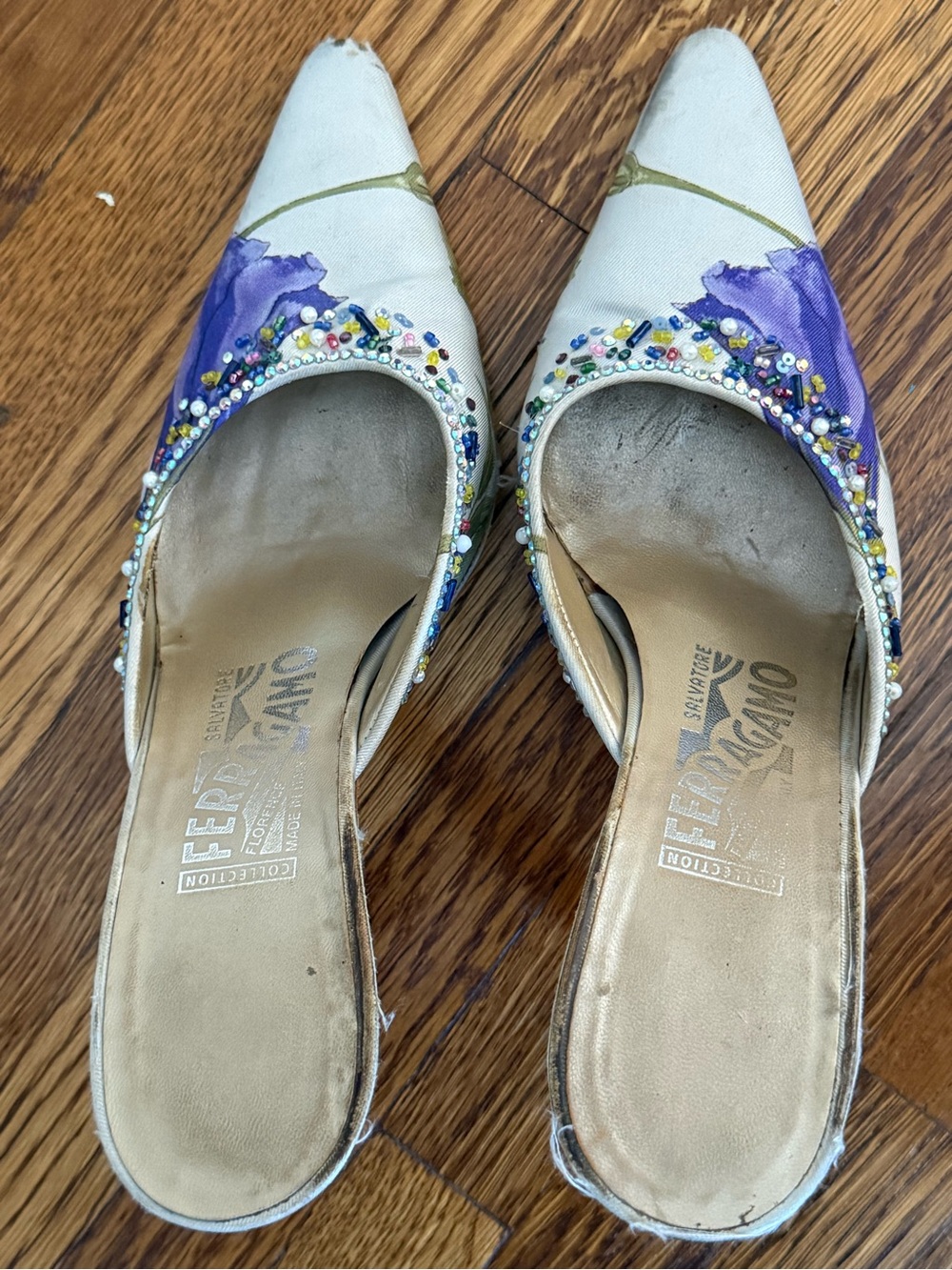 Vintage Salvatore Ferragamo Beaded Silk Floral Pointed-Toe Mules